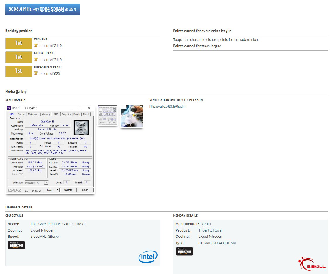 芝奇内存突破DDR4 6016MHz超频世界纪录